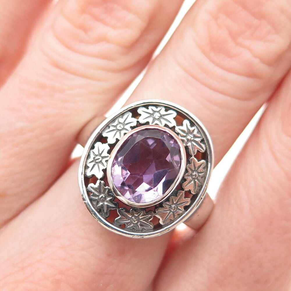 PSCL Peter Stone 925 Sterling Silver Vintage Real Amethyst Sun Ring Size 8.25